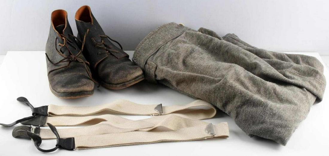 CONFEDERATE CIVIL WAR REENACTOR UNIFORM & BOOTS: Confederate civil war reenactor uniform trousers, suspenders and boots. Trousers are plain grey with buttons and 2 pockets, and are sized 35X37. Boots are sized 9 1/2 inches, have laces, and metal tap