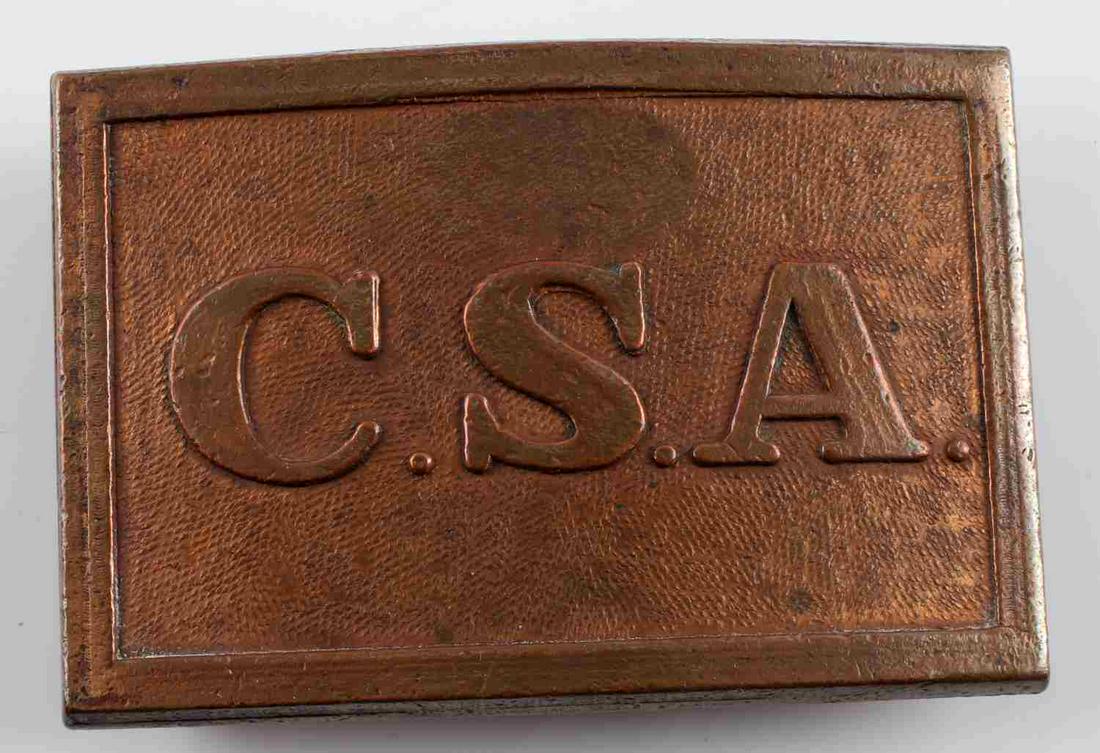 CONFEDERATE STATES CIVIL WAR BELT BUCKLE: Confederate States of America Civil War Belt Buckle. Copper construction. Reverse marked William & Elliott 67 Main St Richmond VA. Good condition. Measures 3x2 inches. Unauthenticated, sold as is.