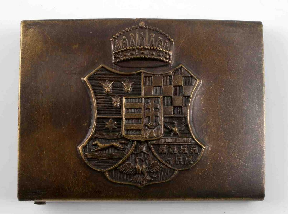 WWI AUSTRIAN MONARCHY COMBAT BELT BUCKLE BRASS: Worn by Hungarian troops. Large brass type with St. Stephens crown and royal crest. No markings. This lot has a reserve.