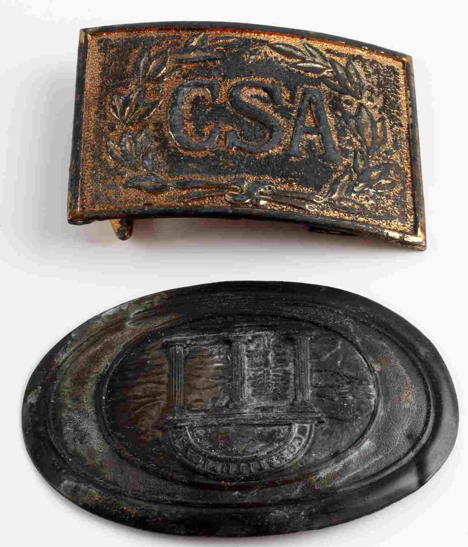 US CIVIL WAR CSA OFFICER BELT BUCKLE W STATE PLATE: US Civil War CSA officer's belt buckle and Georgia State plate. Belt buckle features CSA to center with branches surrounding. Reverse has loop and hook for belt. 3 X 2 inches. Fair condition. Georgia 