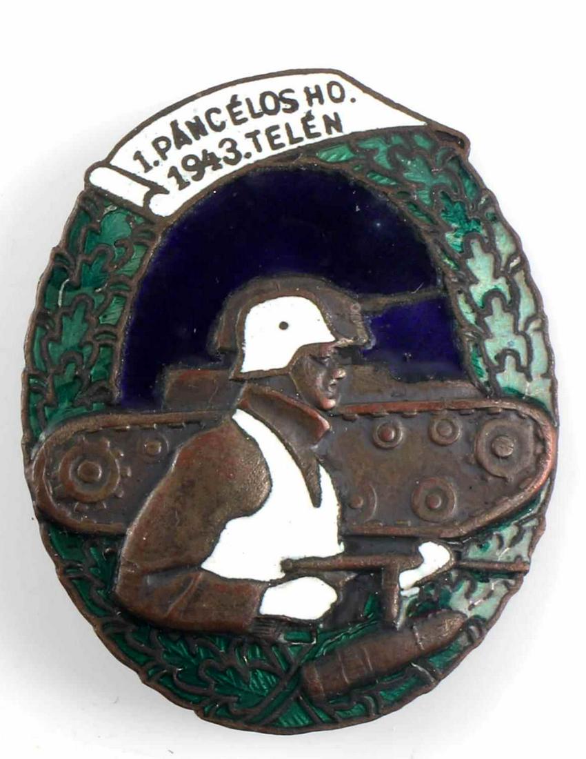 WWII HUNGARIAN TANK ASSAULT BADGE WITH ENAMEL: Equivalent to German Panzer Assault badge for Hungarians who fought with the Germans. Copper with multi-colored enamels. Good condition. This lot has a reserve.