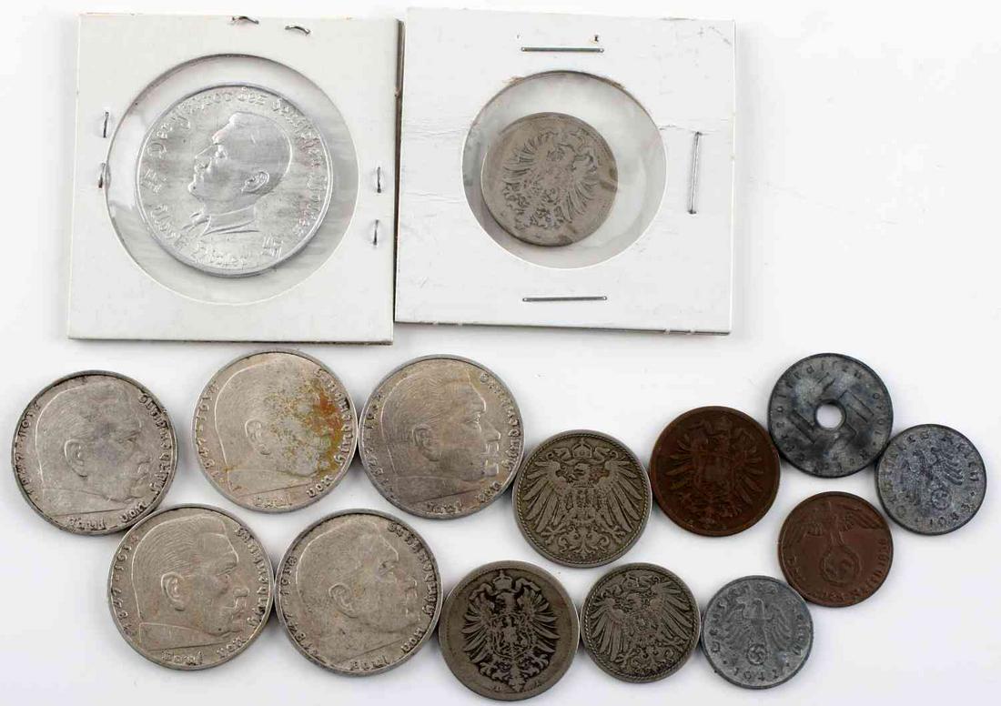 WWII THIRD REICH GERMAN COINS 15 PIECE W SCHILLING: Lot includes: (5) 2 Reichsmark 1938 .625 silver coins, (3) 10 pfennig, (1) 5 pfennig, 1940 5 piece with hole at center, 2 pfennig, (3) 1 pfennig, and 1 Hitler 1 Schilling piece.