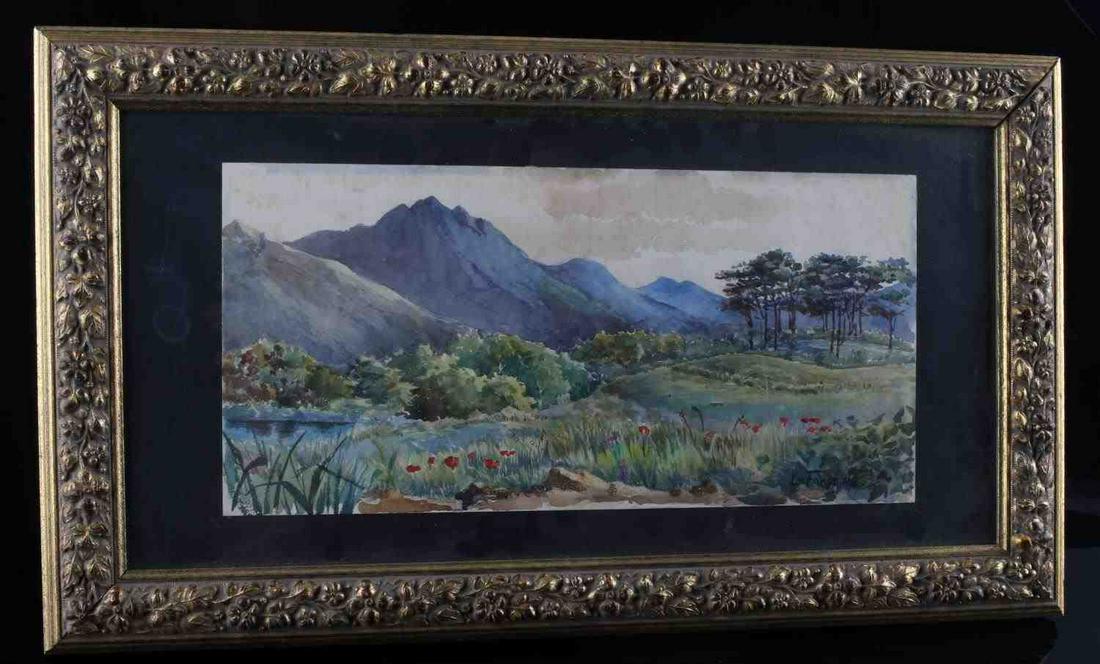 JOHN LA FARGE 1889 WATERCOLOR LANDSCAPE PAINTING: John La Farge (1835 – 1910) American, Painter and stained glass designer. Best known for his production of stained glass, the glass work in the Trinity Church of Boston and recognized as the primary