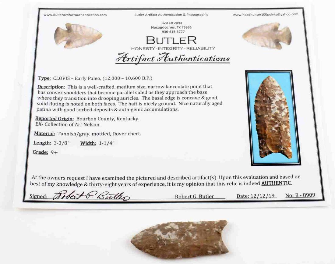 NATIVE AMERICAN CLOVIS PALEO LANCELOT ARROWHEAD: Native American Clovis - Early Paleo Lancelot arrowhead crafted from Dover chert. Measures 3 3/8 x 1 1/4 inches. Well crafted with convex shoulders with drooping auricles and good fluting. Good patina