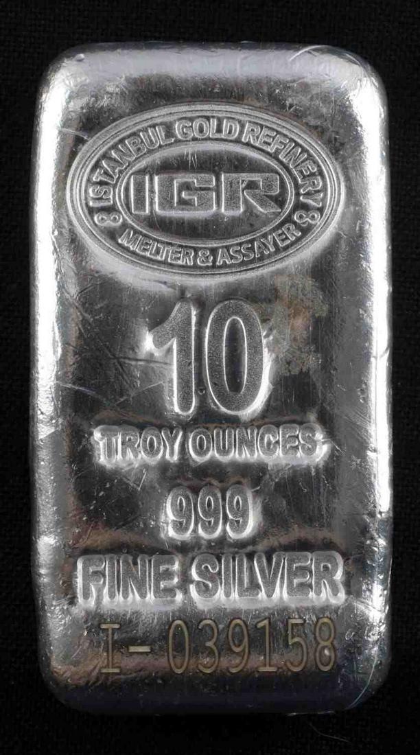 10 TROY OZ 999 FINE SILVER BULLION BAR: IGR, Istanbul Gold Refinery, serial no. I-039158. Sealed and Tested fine silver bullion.