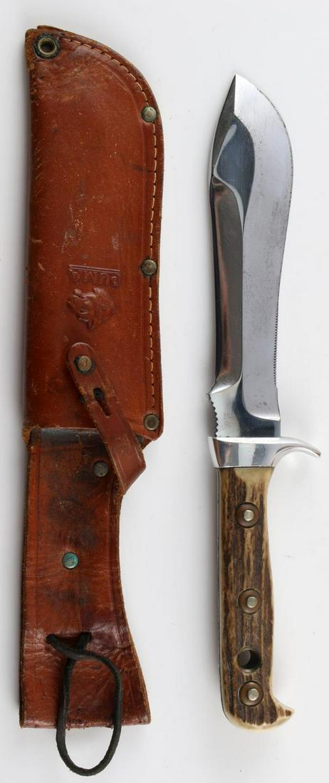 GERMAN MADE PUMA WHITE HUNTER KNIFE BLADE: Blade length: 6.10 inches Blade thickness: 5mm, Total length: 10.63 inches. Knife weight: 8.47 oz. Scales: staghorn Bolster: aluminumGerman Steel Blade / hardness: 1.4116 / 55-57 HRC Good condition wi
