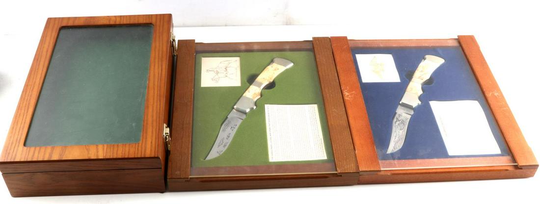 LOT OF 3 BOWIES OF LEGEND LOCKBACK BOWIE KNIFE: Parker Cut co. bowie knives engraved "Americans ask for nothing but what is right and submit to nothing that is wrong." Measures 10 3/4 inches inches. Knives are cased in a fitted slide box measuring
