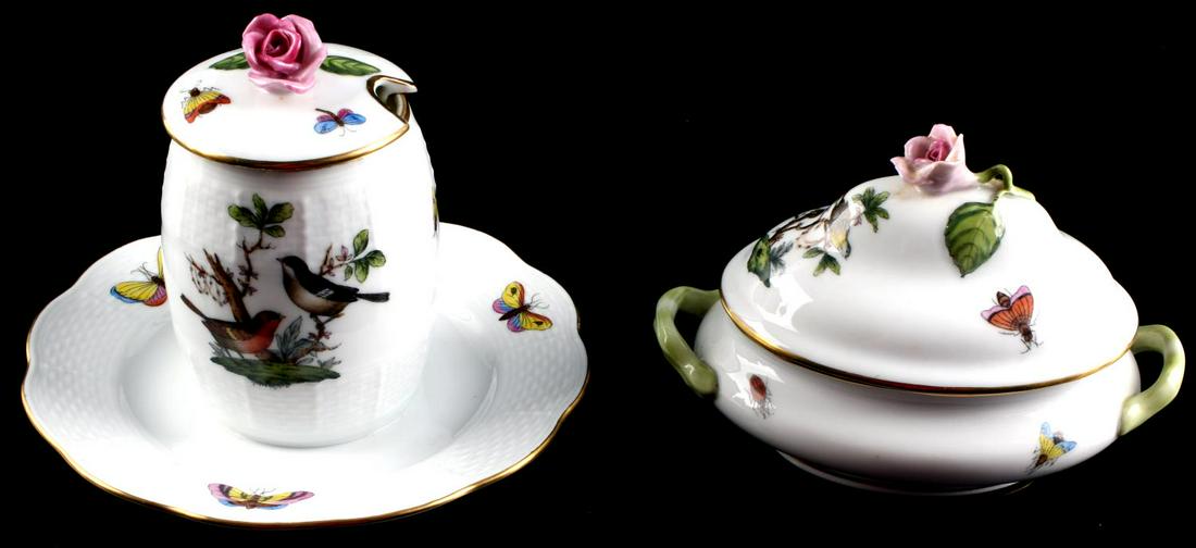 HEREND ROTHSCHILD BIRD MINI TUREEN & HONEY JAM JAR: Herend porcelain Rothschild Bird accessories are in good condition with no chips, cracks or repairs. Mini Tureen 5 1/4 x 4 1/4 inch, honey jam jar 6x5 1/2 inches.