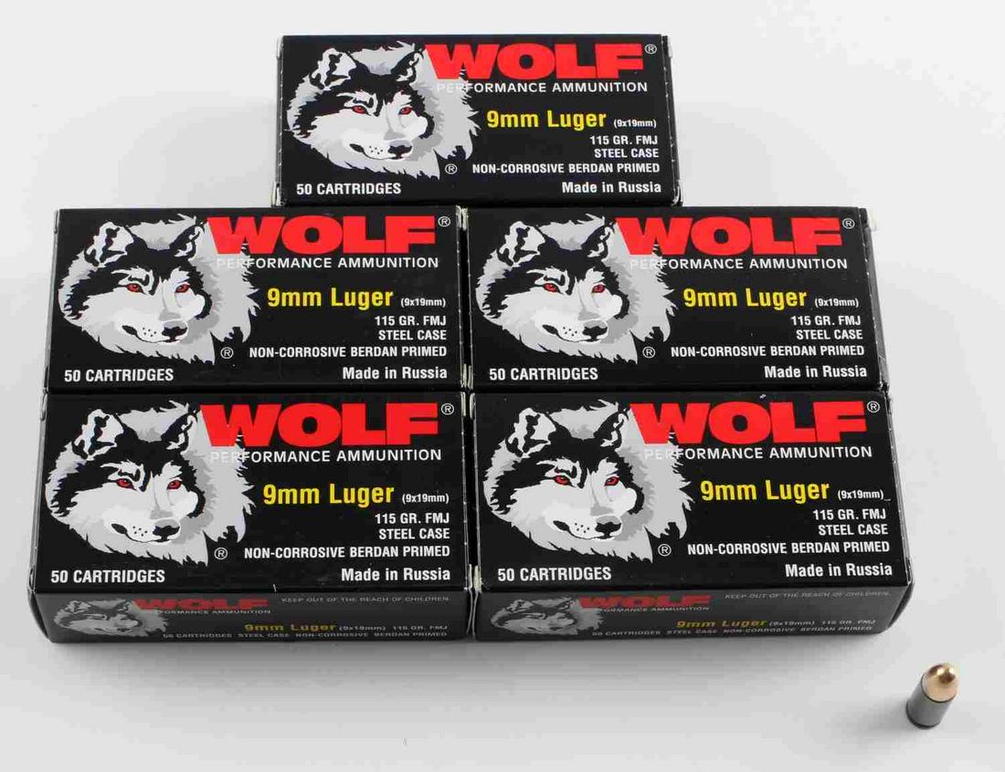 250 ROUNDS WOLF 9MM AMMUNITION 115 GR. FMJ: Boxed factory rounds.