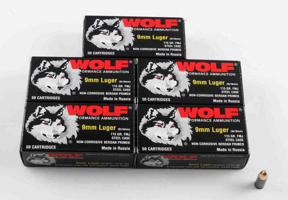250 ROUNDS WOLF 9MM AMMUNITION 115 GR. FMJ: Boxed factory rounds.