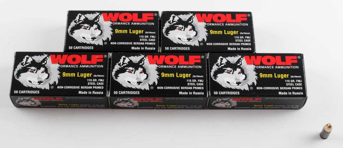 250 ROUNDS OF WOLF 9MM AMMUNITION 115 GR. FMJ: Factory boxed rounds.