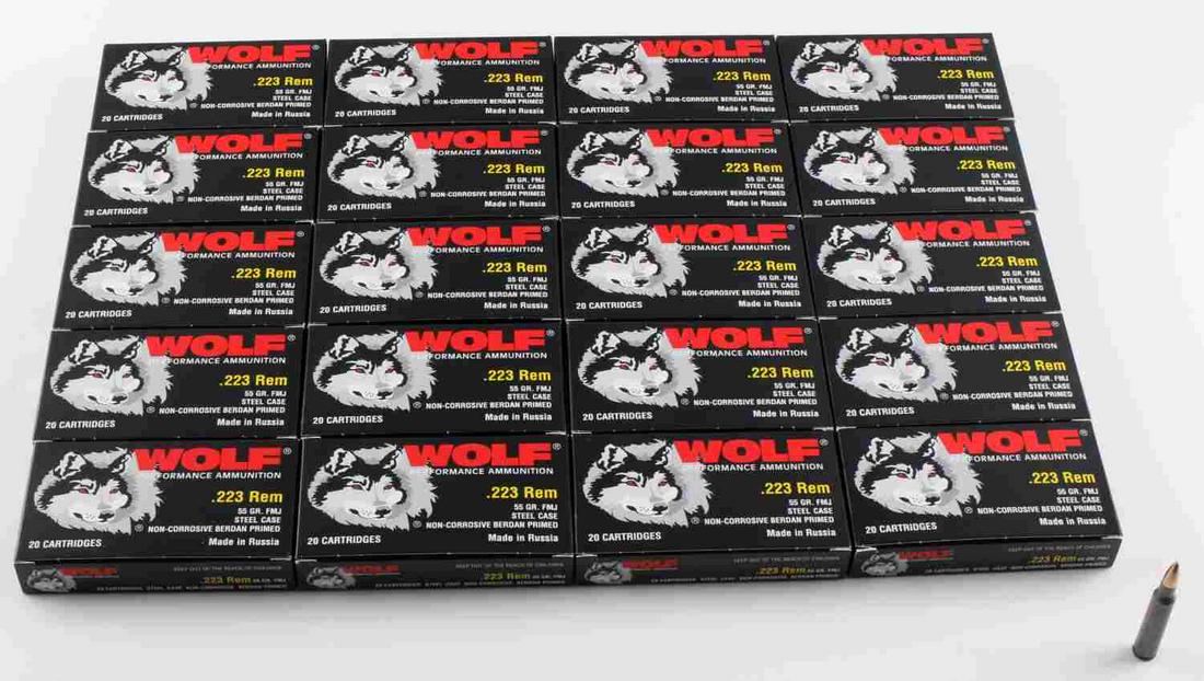 400 ROUNDS OF NEW IN BOX WOLF .223 REM AMMUNITION: 400 rounds of new in box .223 Rem 55 grain, FMJ ammunition. 20 boxes of 20 cartridges.