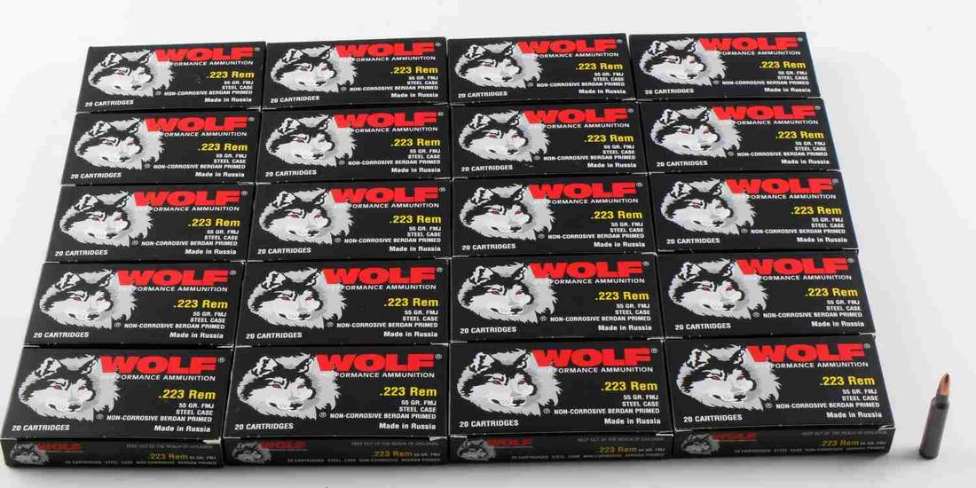 400 ROUNDS OF NEW IN BOX WOLF .223 REM AMMUNITION: 400 rounds of new in box .223 Rem 55 grain, FMJ ammunition. 20 boxes of 20 cartridges.