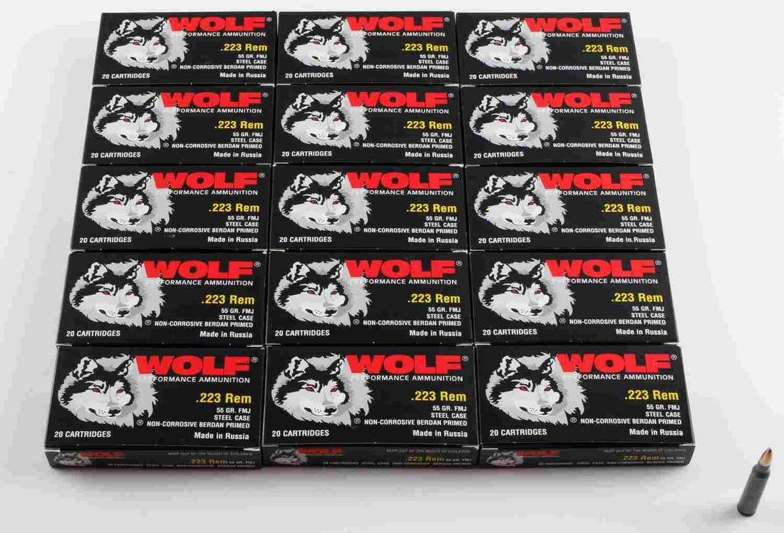 300 ROUNDS OF .223 REM FMJ STEEL CASED AMMUNITION: 300 rounds of .223 Rem FMJ steel cased ammunition, 55 Gr., manufactured by Wolf Performance Ammunition, comes in 15 boxes of 20 rounds each.