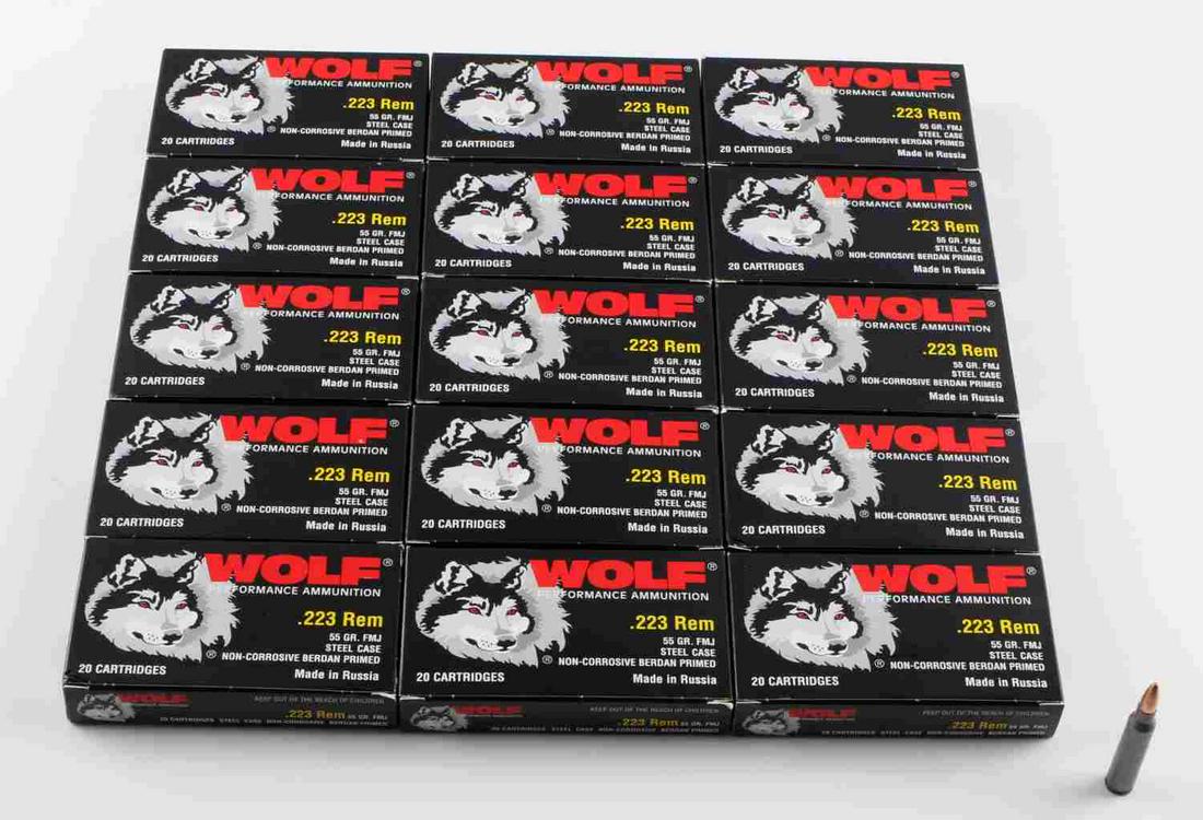 300 ROUNDS OF .223 REM FMJ STEEL CASED AMMUNITION: 300 rounds of .223 Rem FMJ steel cased ammunition, 55 grain, manufactured by Wolf Performance Ammunition, comes in 15 boxes of 20 rounds each.