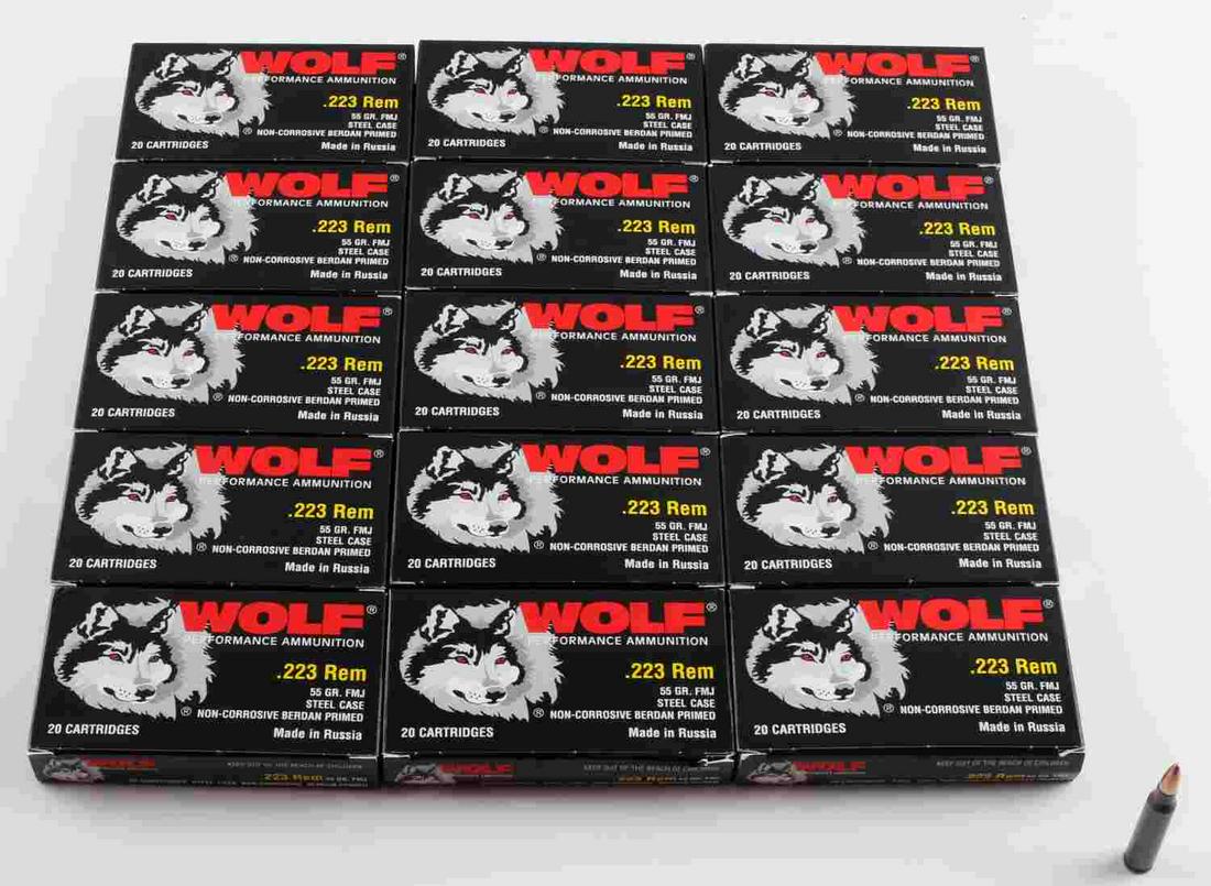 300 ROUNDS OF .223 FMJ STEEL CASED AMMUNITION: 300 rounds of .223 Rem FMJ steel cased ammunition, 55 grain, manufactured by Wolf Performance Ammunition, comes in 15 boxes of 20 rounds each.