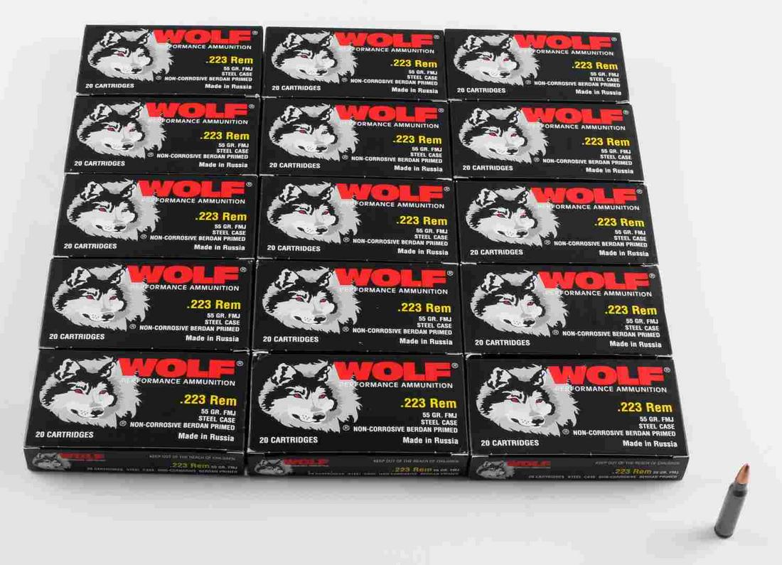 300 ROUNDS OF .223 REM FMJ STEEL CASED AMMUNITION: 300 rounds of .223 Rem FMJ steel cased ammunition, 55 grain, manufactured by Wolf Performance Ammunition, comes in 15 boxes of 20 rounds each.