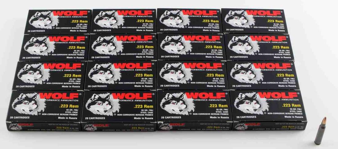 320 ROUNDS OF .223 FMJ STEEL CASED AMMUNITION: 320 rounds of .223 Rem FMJ steel cased ammunition, 55 grain, manufactured by Wolf Performance Ammunition, comes in 15 boxes of 20 rounds each.