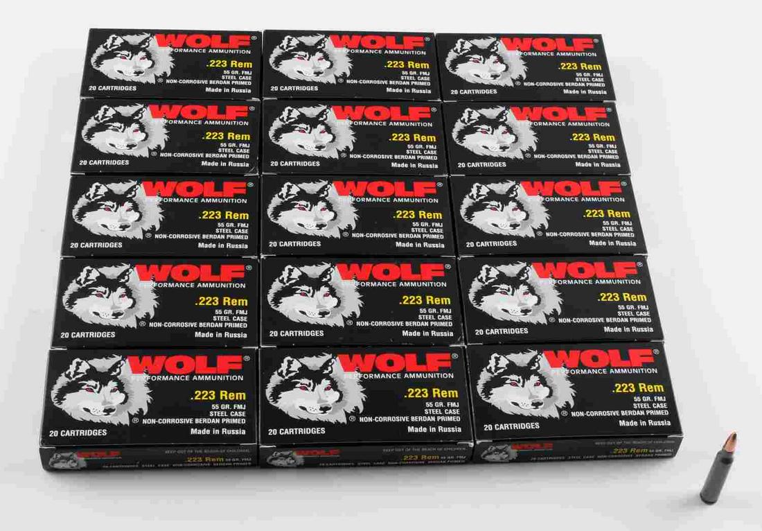 300 ROUNDS OF .223 FMJ STEEL CASED AMMUNITION: 300 rounds of .223 Rem FMJ steel cased ammunition, 55 grain, manufactured by Wolf Performance Ammunition, comes in 15 boxes of 20 rounds each.