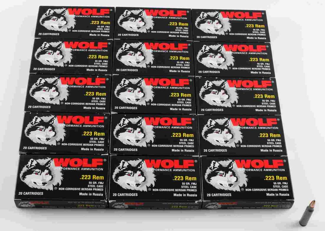 300 ROUNDS OF .223 FMJ STEEL CASED AMMUNITION: 300 rounds of .223 Rem FMJ steel cased ammunition, 55 grain, manufactured by Wolf Performance Ammunition, comes in 15 boxes of 20 rounds each.
