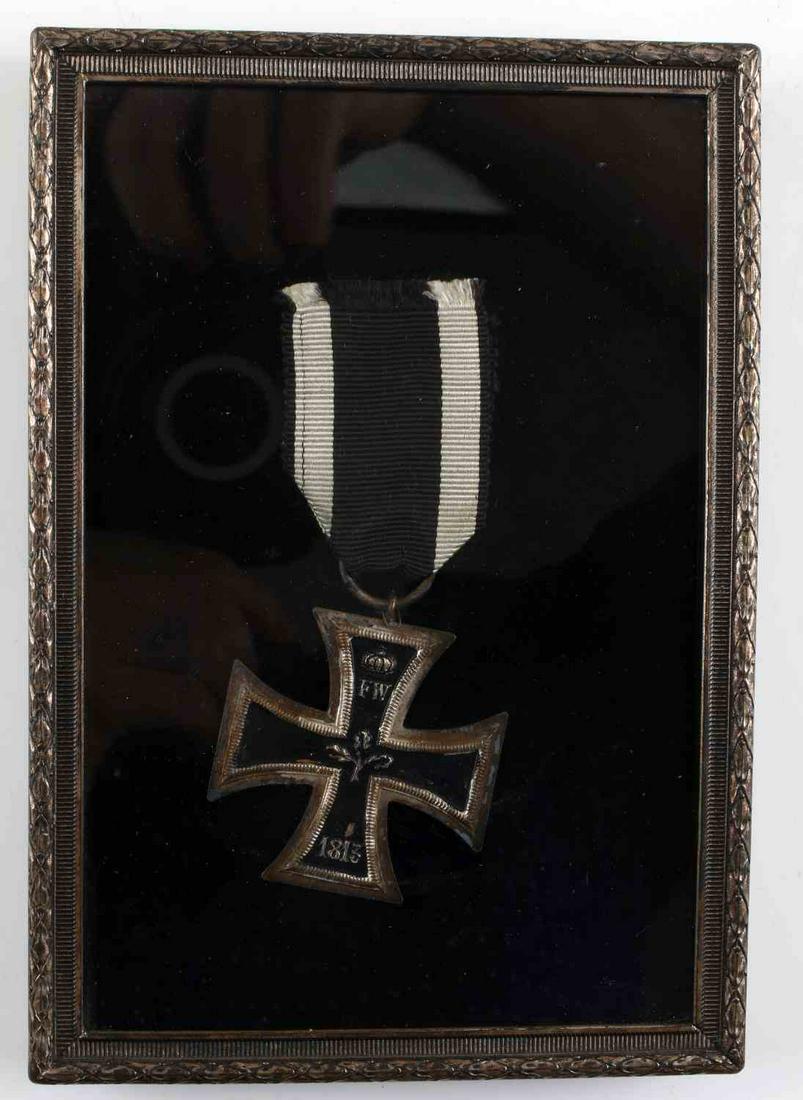 WWI IMPERIAL GERMAN IRON CROSS SECOND CLASS: An interesting fact about this lot is the frame seems to be period with the iron cross, we opened the frame to inspect it has 1914 on reverse, no makers mark on suspension ring, 2 piece silver with ma
