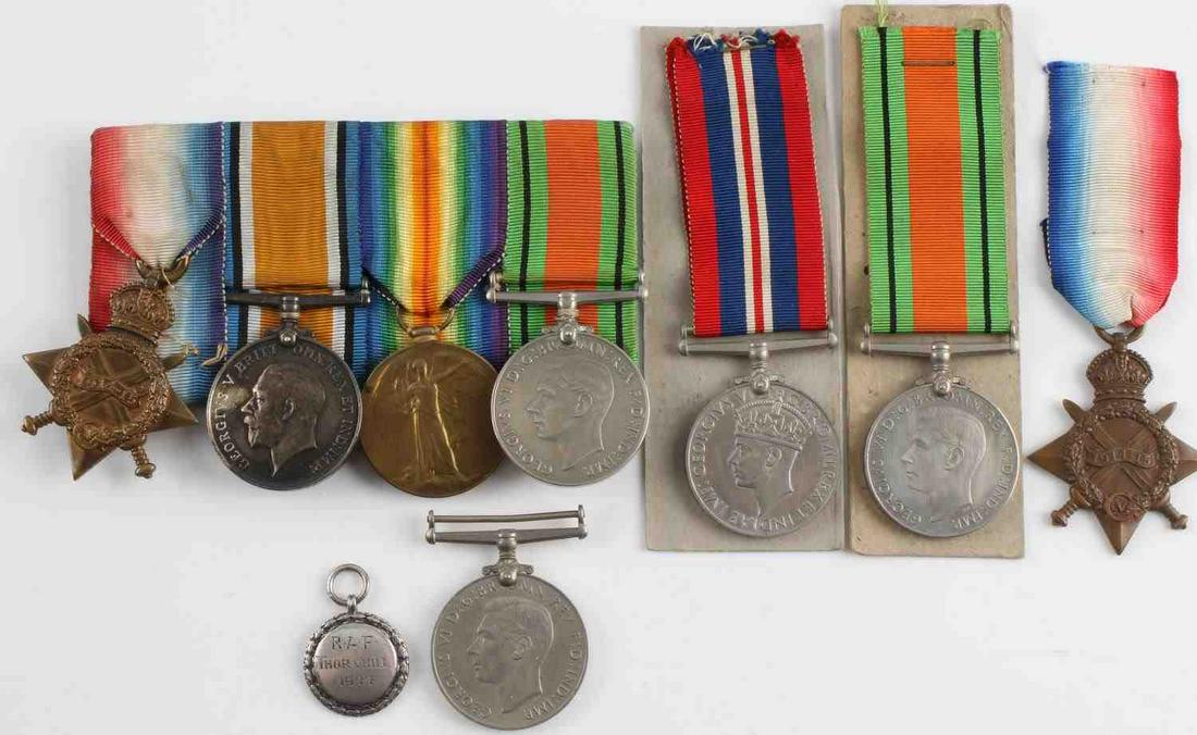 8 BRITISH WWI WWII MEDAL LOT MONS STAR RAF 1944: Includes a Mons Star, Victory and WWI and WWII defense medal Named to PTE 4782 H.T. Meller Royal Army Medical Corp, Mons Star named to 167970A.E. Horner A.B. , R.N., Hallmark silver RAF Thornhill 1944