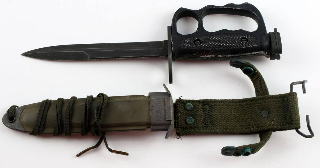 VIETNAM M7 KNUCKLE DUSTER FIGHTING KNIFE BAYONET: Experimental near mint, Imperial maker marked and M7 on crossguard, US M8AI scabbard, original condition.
