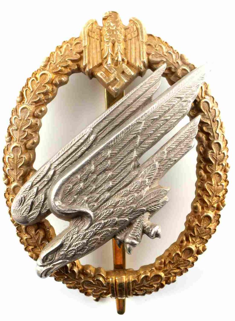 WWII GERMAN LUFTWAFFE NAMED PARATROOPER BADGE: Third Reich Luftwaffe Paratrooper badge. 2nd pattern Junker type marked 800 silver. Reverse engraved with Bruno Bauer and Fallshirm Infantry battalion. Has special safety catch unique to these badges