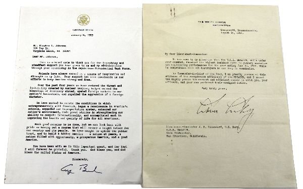 PRESIDENTIAL LETTERS GEORGE BUSH CALVIN COOLIDGE: A letter to Lieutenant Commander JB Oldendorf dated August 29 1925 and signed by President calvin coolidge sending congratulations on a job well done on Oldendorfs first command. Together with a lette