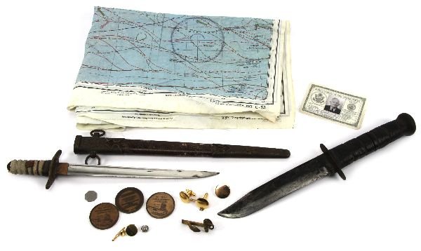 ADMIRAL OLDENDORF USN ID JAPANESE DIRK MAP KA-BAR: To include: Admiral (Retired) Jesse B Oldendorf Identity card. Japanese officers dirk (Damaged), reputedly surrendered to him after the capture of a Japanese ship. A KA-BAR USN Fighting knife. Japan &
