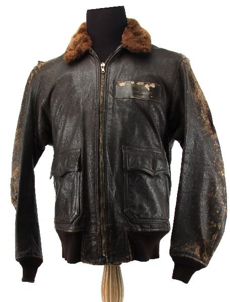 WWII USN PAINTED G1 LEATHER FLIGHT JACKET NAMED: A US Navy G1 leather jacket. Very worn, but still serviceable. About a size 38. Named to "AB McCreary USNR". Hand painted back of patrol gunner aircraft.