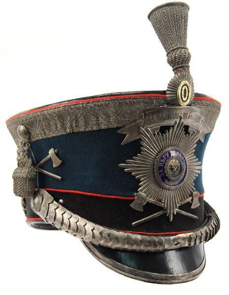 RUSSIAN IMPERIAL GUARD PAVLOVSKY REGIMENT SHAKO: Russian Army Pavlovsky Grenadier regiment officer's Shako hat with silvered fittings and enameled badge of the order of St. Andrew the First Called (designation of elite Life-Guards units) under a sil