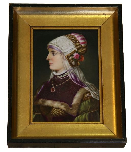HAND PAINTED 19TH CENTURY POCELAIN TILE PORTRAIT: A meticulously hand painted porcelain tile portrait of an aristocrat woman in fine dress. Tile measures 4.5 by 6.5 inches, overall measurement is 9 by 7 inches.