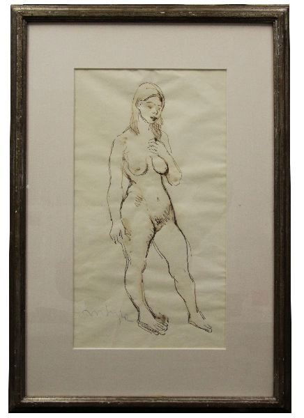 MOSES SOYER FRAMED ORIGINAL PEN AND INK DRAWING: Moses Soyer (Russian/American 1899-1974) "Standing nude." Matted and framed. Measuring 16.5 x 23.5 inches overall. Drawing in black ink and signed in blue pen. C.O.A. affixed to back with references t