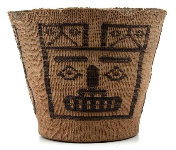 NORTHWEST INDIAN NATIVE AMERICAN ANTIQUE BASKET: A antique, possible spruce root, Northwest Indian basket measuring 5.5 high by 6 inches diameter, from circa 1890. Tlinglit based imagery with chevron design about the rim. Basket is in frail, but goo