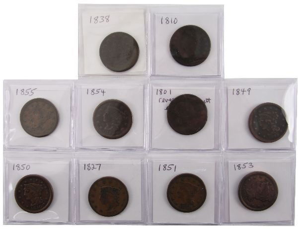 LOT 10 US LARGE CENTS 1801-1855 ALL DIFFERENT: US Large Cent Lot of 10 All Different 1801 – 1855 as follows: 1801 G some corrosion and reverse planchet error, 1810 G with some corrosion but good looking with all legends visible, 1827 VG, 1838 VF