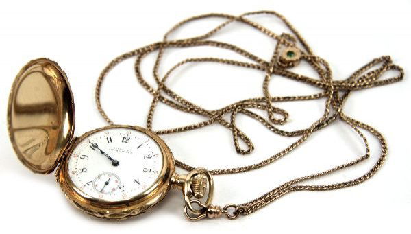 14K GOLD PATEK PHILIPPE HUNTER CASE POCKET WATCH: Heavily engraved case with monogram. 31mm white porcelain dial with Arabic numerals with sunken second dial by Duhme & Co. Slight bend to hour hand. In working order. Movement number 84648. Case numbe