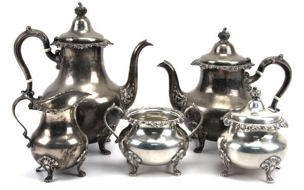 GORHAM STELING SILVER COFFEE AND TEA SET: Weighing in at over 73 OZT. this set consists of a coffee server, tea server, sugar with lid, creamer and waste bowl. Strasbourg pattern dated 1957.