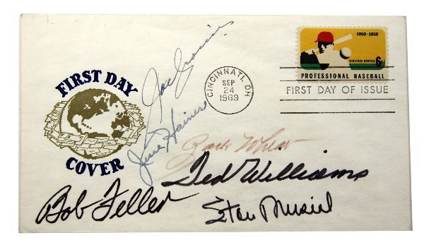 SIGNED BASEBALL FDC ENVELOPE-WILLIAMS HAINES: 1969 first day cover envelope with six baseball hall of fame players' signatures including Jesse Haines, Bob Feller, Ted Williams, Zack Wheat, and Steve Musial. . Condition: Very good