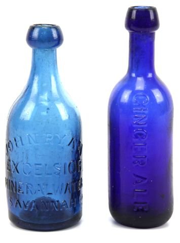 ANTIQUE BOTTLE LOT SAVANNAH JOHN RYAN & JAMES RA: A pair of nice cobalt Savannah blob top bottles very good condition, John Ryan excelsior mineral water Savannah and James Ray ginger ale.
