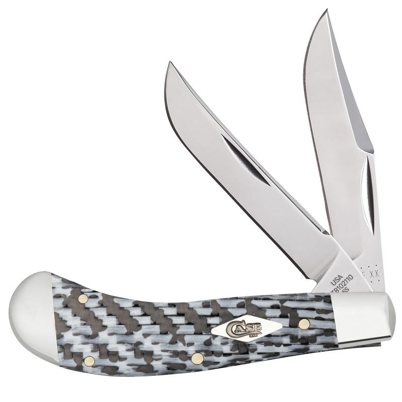 TONY BOSE CASE KNIFE WHITE & BLACK SS SADDLEHORN: T.B.102110 Tony Bose designed Case knife. Black and white G-10 smooth carbon fiber weave with TRU-Sharp surgical steel clip and skinner blades, 3 1/2 inch (8.9cm) closed, 2 oz. (56.7grams). Stock phot
