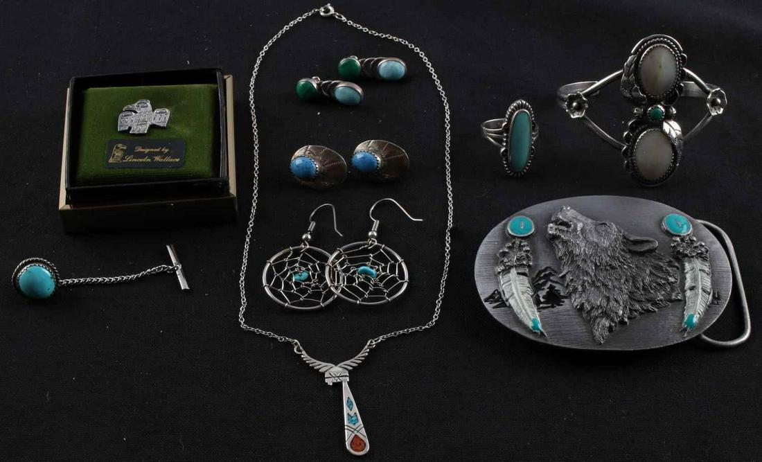 NATIVE AMERICAN STERLING SILVER JEWELRY LOT: Lot includes sterling silver, turquoise, malachite, mother of pearl and larimar. 6 1/2 inch cuff signed JC (Jim Calladitto - Navajo silversmith). 15 inch necklace. Lincoln Wallace designed tie pin. To