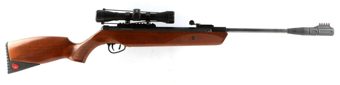 UMAREX RUGER IMPACT MAX .22 CAL PELLET AIR RIFLE: Blued steel, checkered wood stock, hard rubber butt with emblem, Umarex 4X32 scope attached, neon sights, clear markings to left side. Very good condition. No international shipping. Caliber: .22 Seri