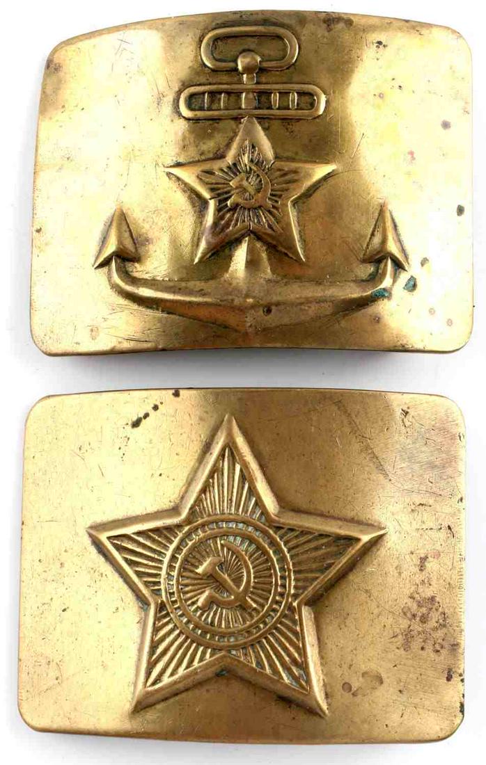 2 WWII SOVIET RUSSIAN SICKLE HAMMER BELT BUCKLE: Soviet Russian belt buckle featuring a star with a sickle and hammer inside. Reverse maker mark on belt hook. Other buckle is of the Soviet navy. Overall good condition. 2 3/4 X 2 inches