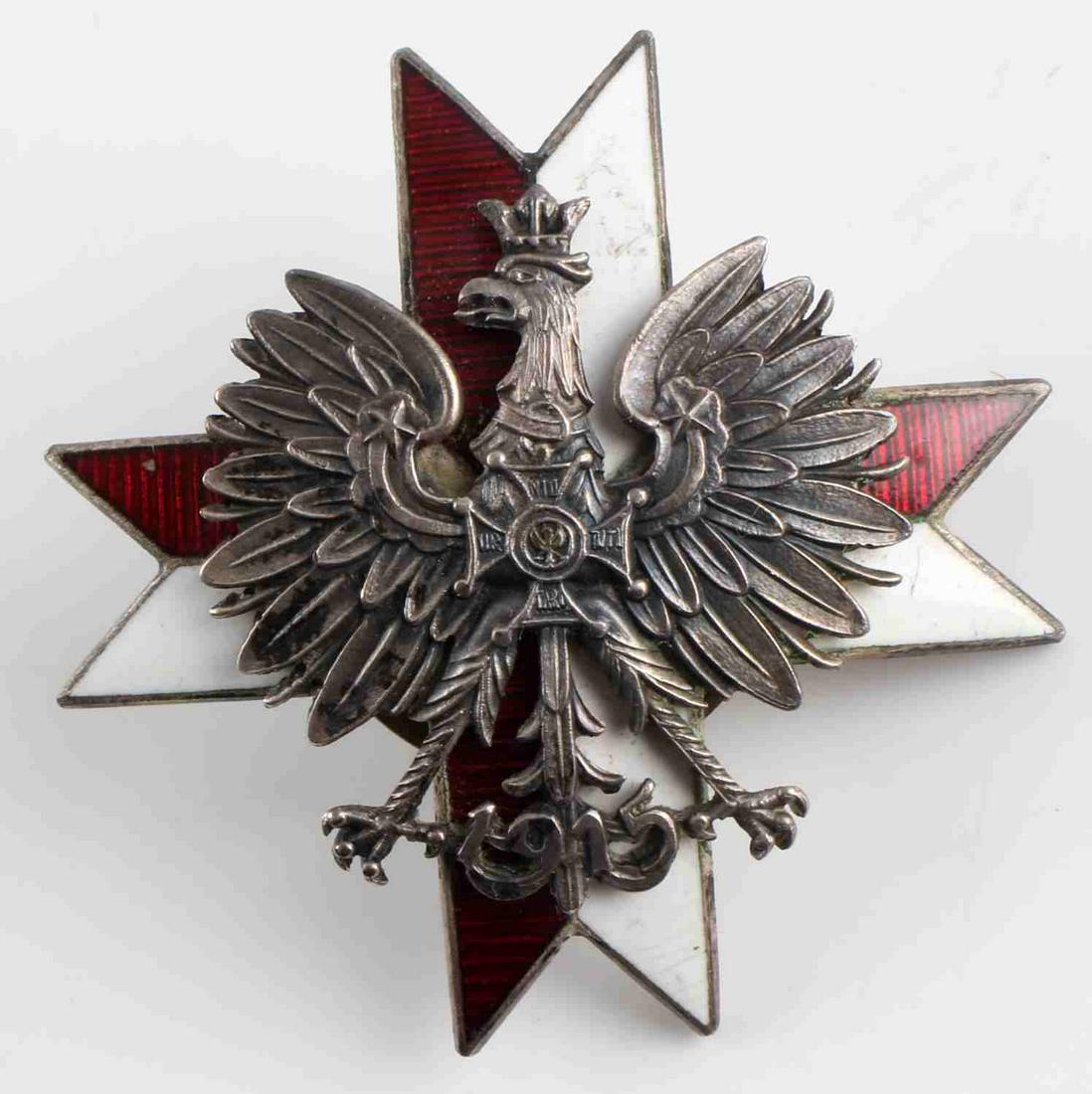 WWII POLISH REGIMENTAL BADGE 1ST KRECHOWIECKI: 1st Krechowiecki Lancer regiment, made from nickel with enamel, engraved design, 1915 at bottom, screw-on back. Good condition. Unauthenticated, sold as is. This lot has a reserve.