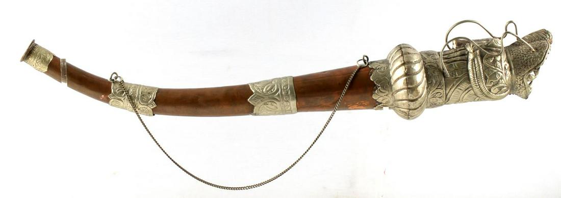 TIBETAN BUDDHIST CEREMONIAL COPPER DRAGON HORN: Vint Dbang Dung, ceremonial horn, with chain, 22 inches along the curve, functional light denting.