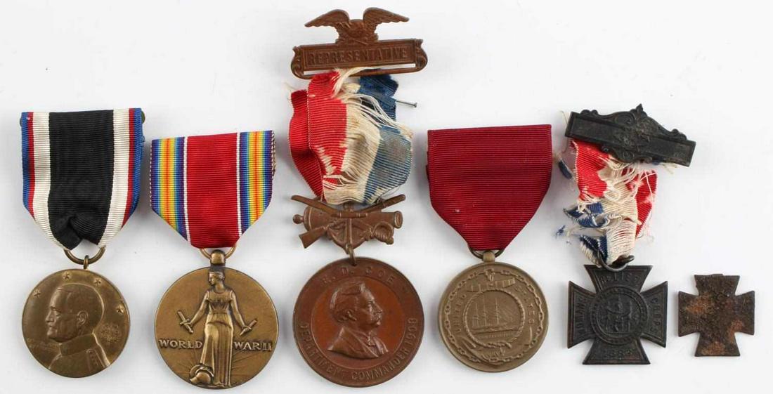 CIVIL WAR GAR WWII BERLIN OCCUPATION MEDAL LOT: Includes a Fulton County identified GAR cross , 2 GAR medals Named Good conduct, Berlin occupation, and WWII service medal.