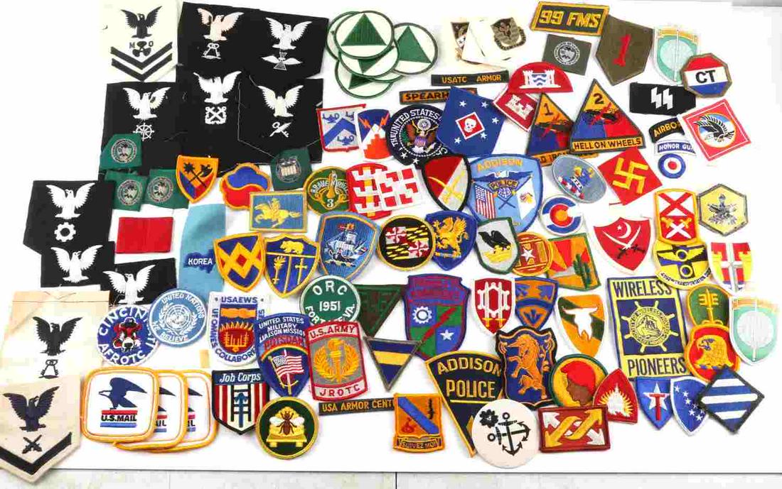 OVER 50 ASSORTED UNITED STATES MILTARY ETC PATCHES: 50+ assorted United States military, etc. patches. Some military, police, and various other assorted patches in this lot making it quite a mixed lot. All patches are in very good condition overall.