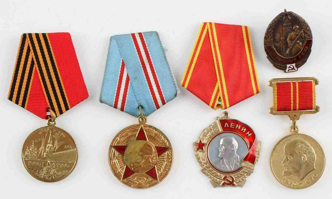 5 WWI WWII COLD WAR SOVIET RUSSIAN MEDALS LENIN: Lot includes Order of Lenin, Lenin 100 year birthday medal, 50 years of the Soviet Union medal, Soviet 50 year jubilee medal, and award badge for the Best Soldier of the PKKA army. All quality reprodu
