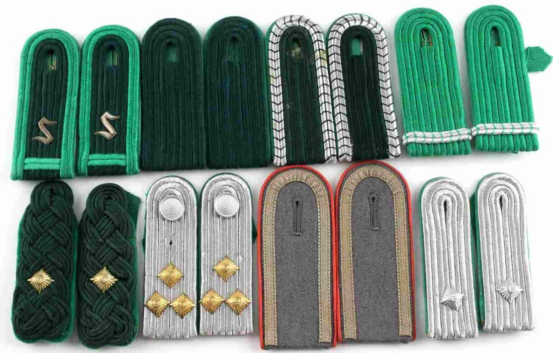 8 SETS OF ASSORT POST WWII GERMAN SHOULDER BOARDS: 8 sets of assorted post WWII German shoulder boards for the Bundeswehr. Various ranks and divisions included in this group. Measure approximately 2 X 4.5 inches. Very good condition overall on all 8 s